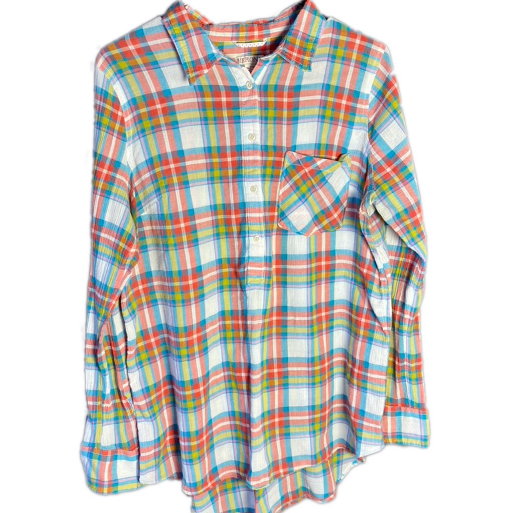 Merona long sleeve half button up pastel tropical plaid cotton lightweight